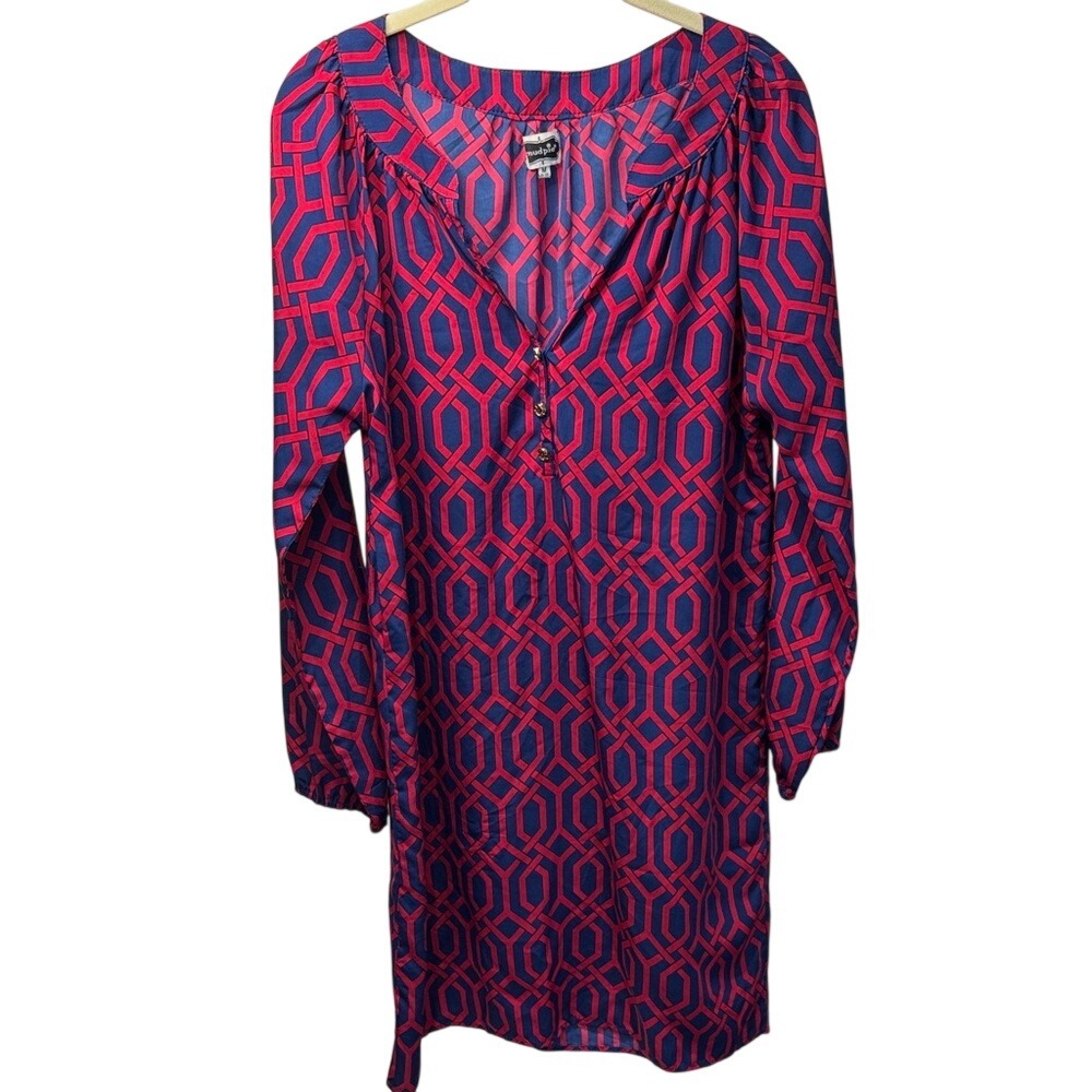 Mud Pie Navy Red Geometric Chain Link Print Split Neck Tunic Dress Womens Medium